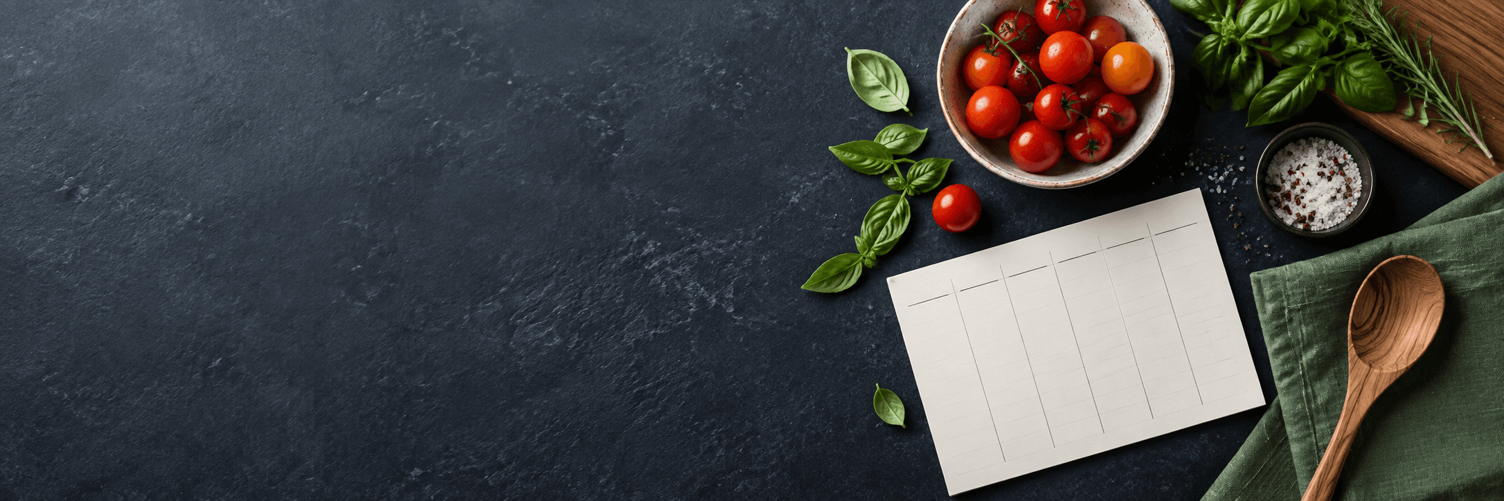 Tomaten, Kräuter und ein Wochenplan auf einem Küchentisch